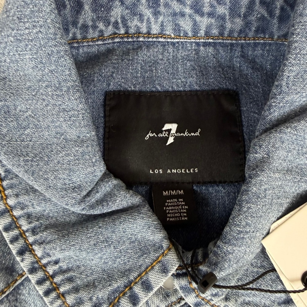 7 For All Mankind Western Denim Shirt Men Medium Blue Pearl Snap Flap Pocket NWT - Picture 3 of 6